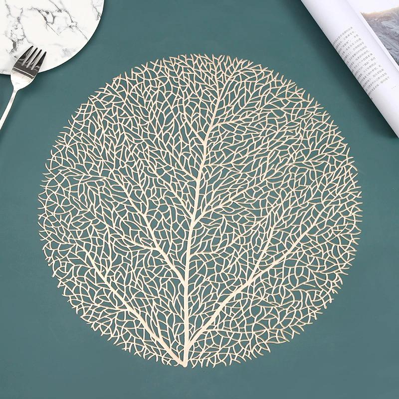 

1/3pcs Leaf Table Mat Golden PVC Placemat Hollow Insulation Coaster Pads Modern Style Decor Table Bowl Home Christmas 38CM&Round