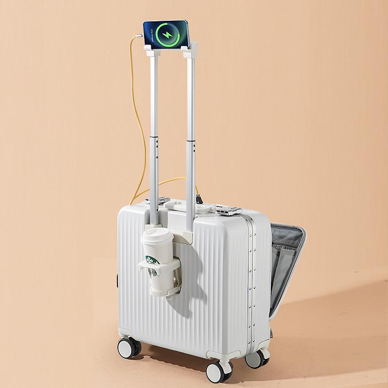 18" Silent Aluminum Frame Leather Carry-On Suitcase with Front Opening and Combo Lock for Men & Women.