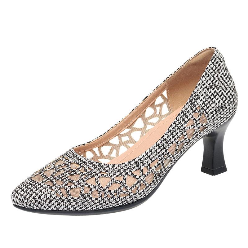 Fashion Summer Single Shoes Mesh Breathable Versatile High Heels Women's Shoes Middle-Aged Temperament Pointed Toe Shallow Mouth Shoes