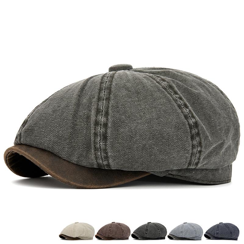 British Contrast Newsboy Hat Men's Spring Summer Denim Octagonal Cap Retro Painter Beret