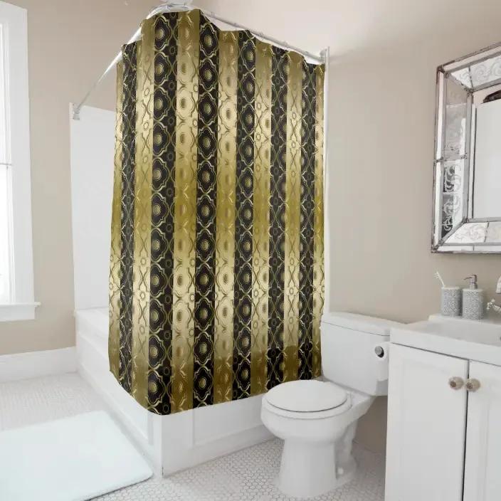 Elegant Black and Gold Leaf Seamless Pattern Chevron Striped Shower Curtain Bathroom Curtain with Hook Bathroom Curtains L220cm