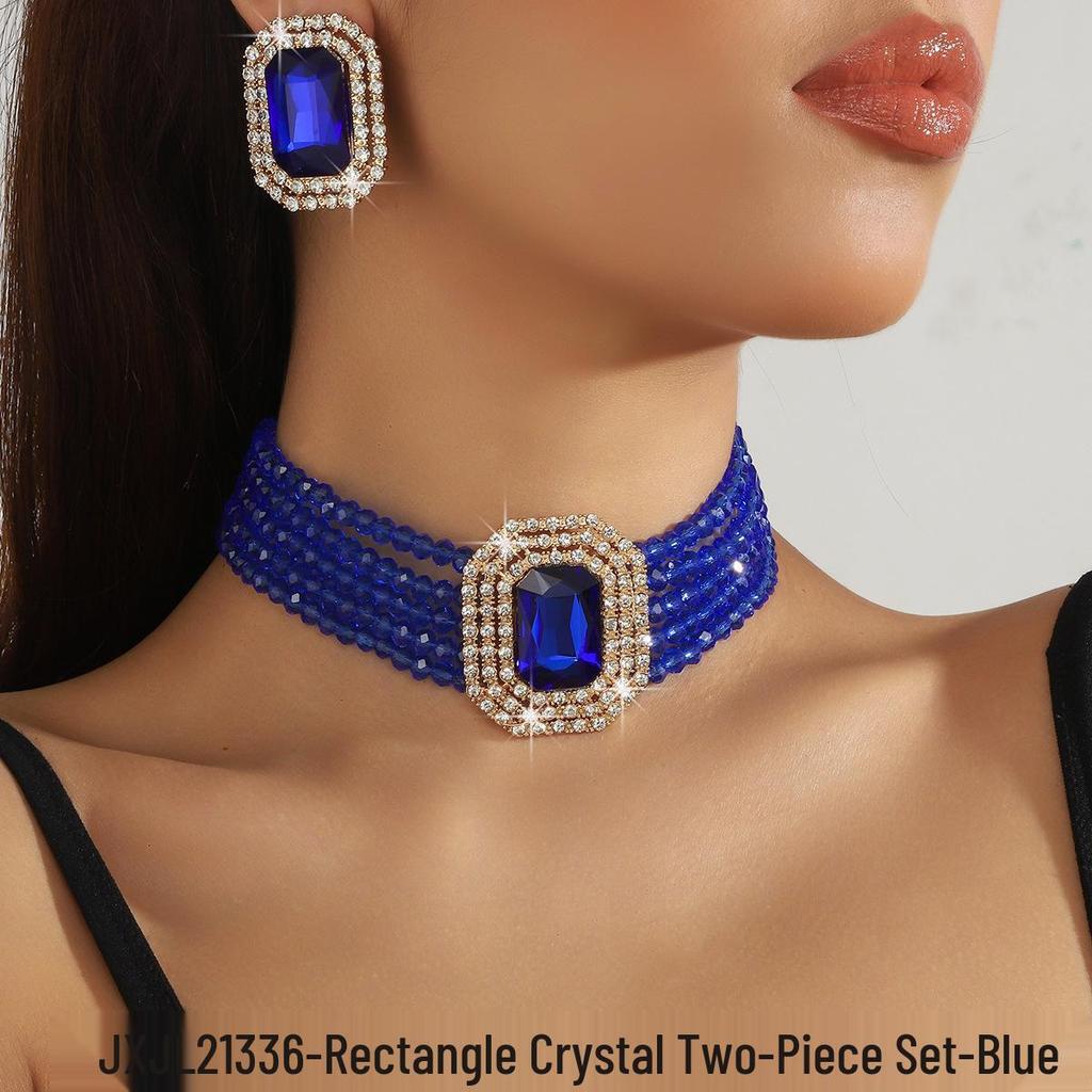 Set Colier Choker Geometric Rectangular din Sticlă de Cristal Multistrat de Lux și Cercei