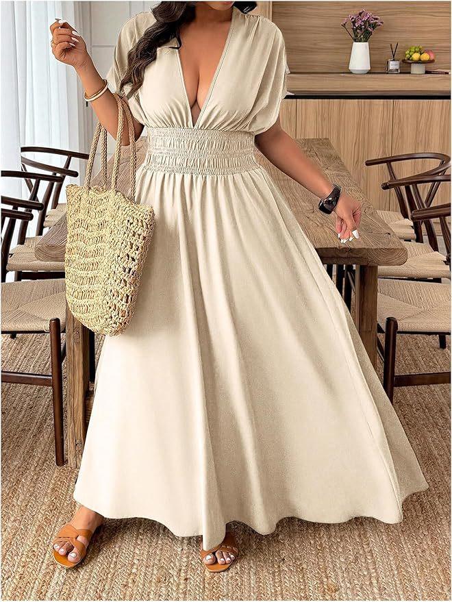 

Plus Size V-neck Short Sleeve Pleated Slit Maxi Dress 0XL бежевый