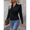 Women's Black Long-sleeved Crossover V-neck Top, Cuff Button Design Is Fashionable and Versatile