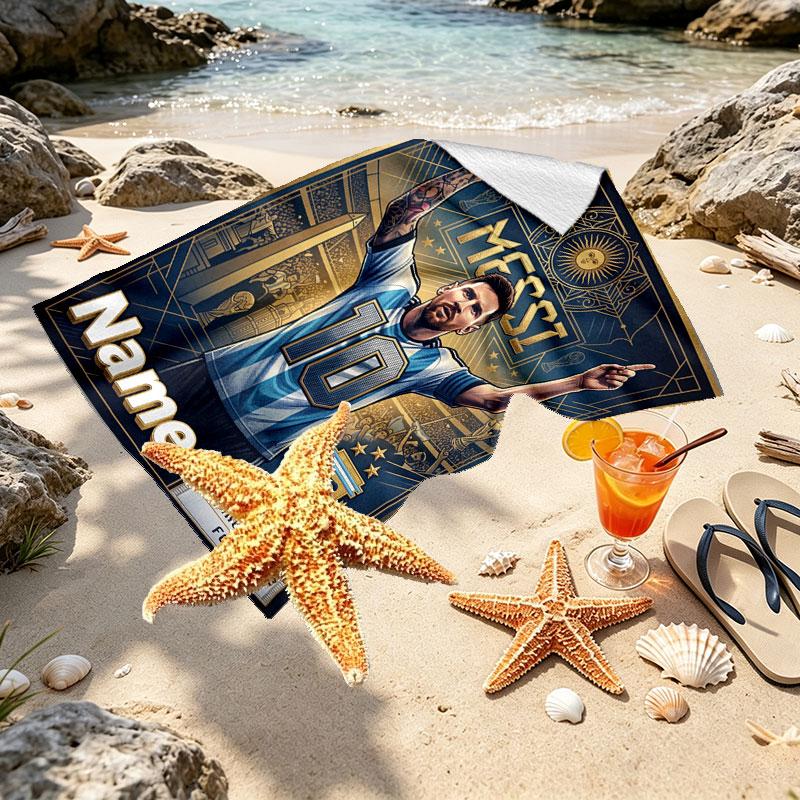 Serviette de plage personnalisée avec nom, impression Leo Messi, pour voyage, camping, fête à la plage, décoration intérieure, cadeau d'anniversaire pour la famille et les amis