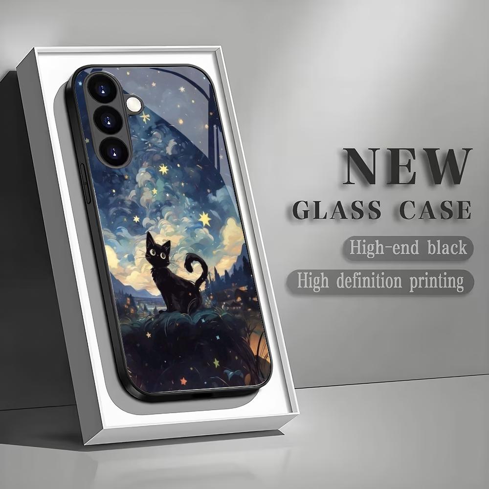 Starry Sky Black Cat Tempered Glass Phone Case Suitable for Samsung Galaxy S26 S25 S24 S22 S21 S20 FE/Ultra/Plus Anti Drop