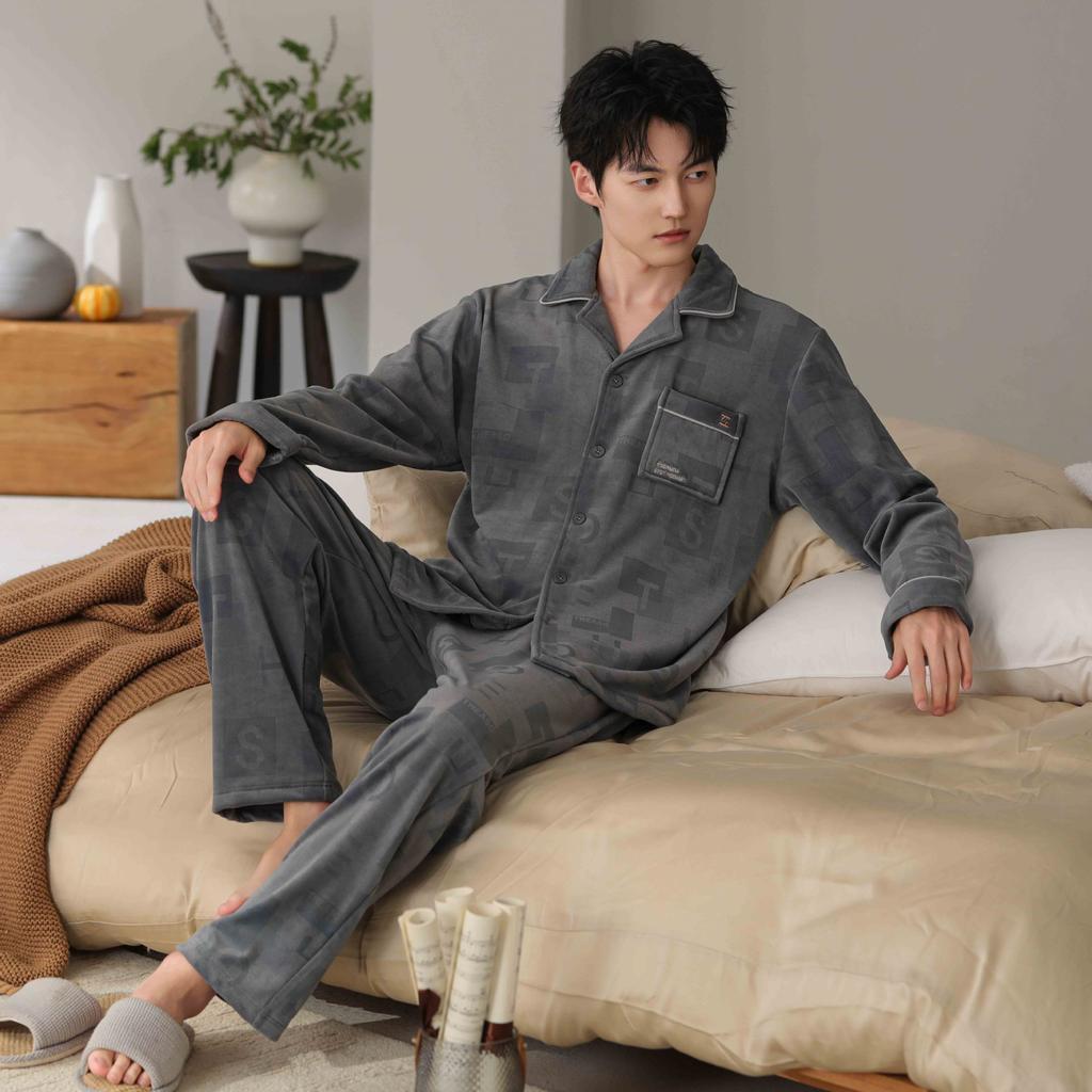 Island fleece pajamas men's autumn and winter cardigan high-end men's casual coral fleece warm loungewear winter suit