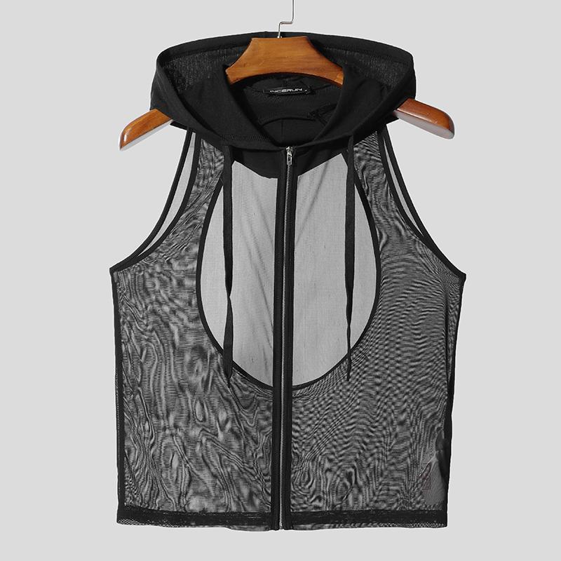 

INCERUN Men Sleeveless Zipper Mesh Sheer Backless Party Hooded Tank Tops 2XL чёрный