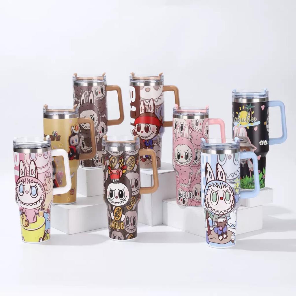 Cartoon pattern Labubu 40oz car cup 304 stainless steel thermos cup Labubu car straw Bingba cup