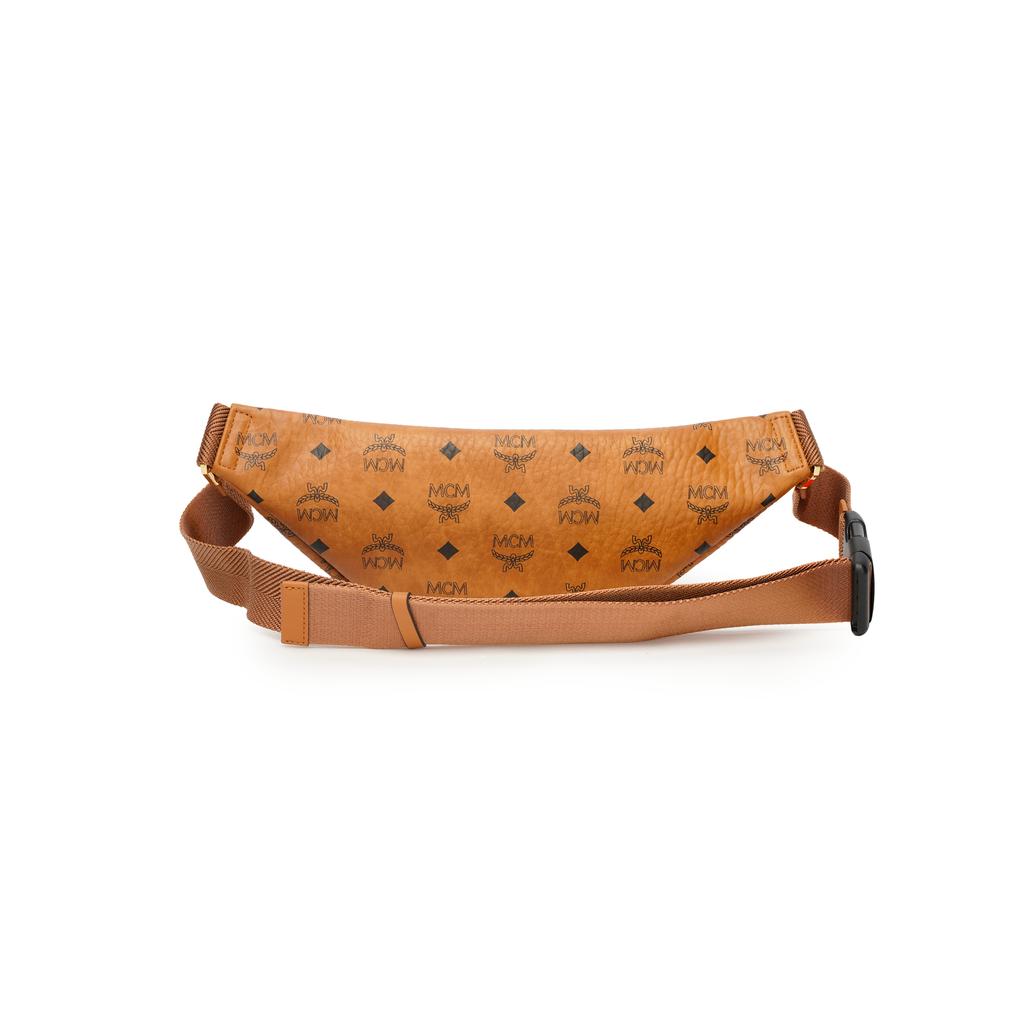 MCM Cognac Visetos Monogram Leather Belt Bag with Adjustable Strap & Gold Hardware for Daily & Street Style Use