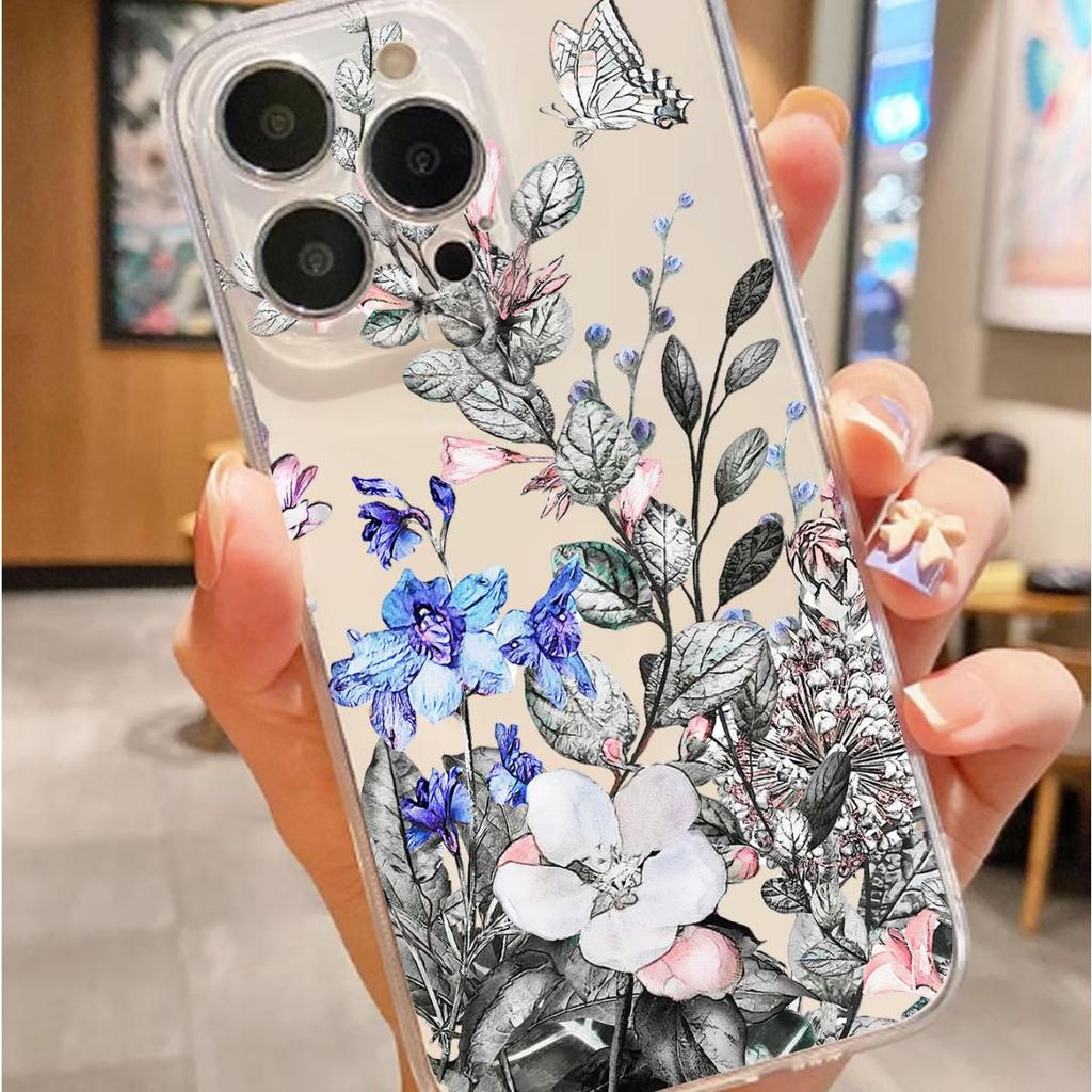 Drop-Proof Transparent Blue-Purple Flower Case for iPhone 14/15/16/17 Pro Max