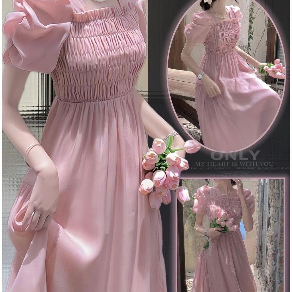 Gentle Style Summer Dress: French Square Neck, Puff Sleeve, Slim Fit, Campanula Style.