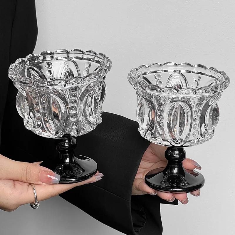  1/2 st retro präglad hög glaskopp whiskymugg ​​svart kristall hem kreativ kaffe glass yoghurt dessertbägare
