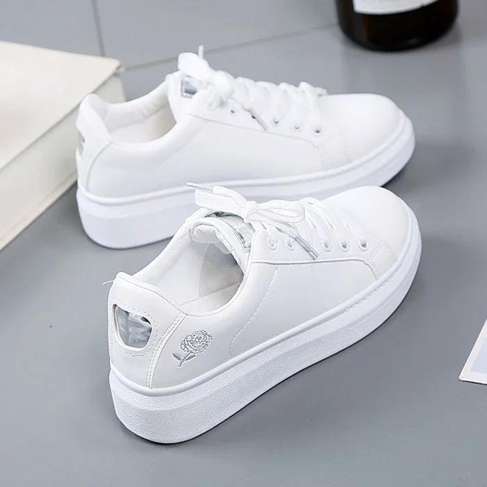 Women Leather Pu Casual Shoes Woman Shoes New Fashion Embroidered White Sneakers Breathable Flower Lace-Up Women Sneakers