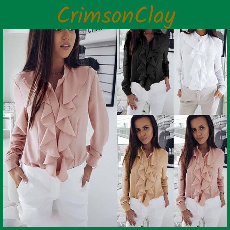 Chic Womens Ruffle Summer Long Sleeve Solid Blouse Shirt Perfect For Any Occasion