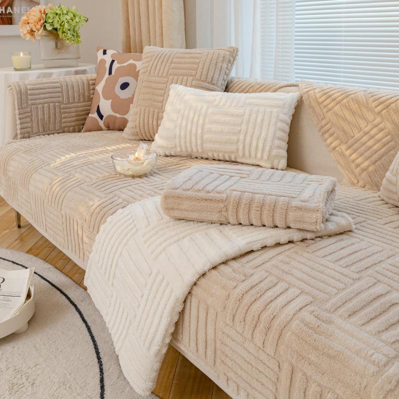 Sofa Cushion Winter Antislip Plush Simple Modern Cushion Cream Style Thickened Backrest Sofa Cover Slipcover Cover