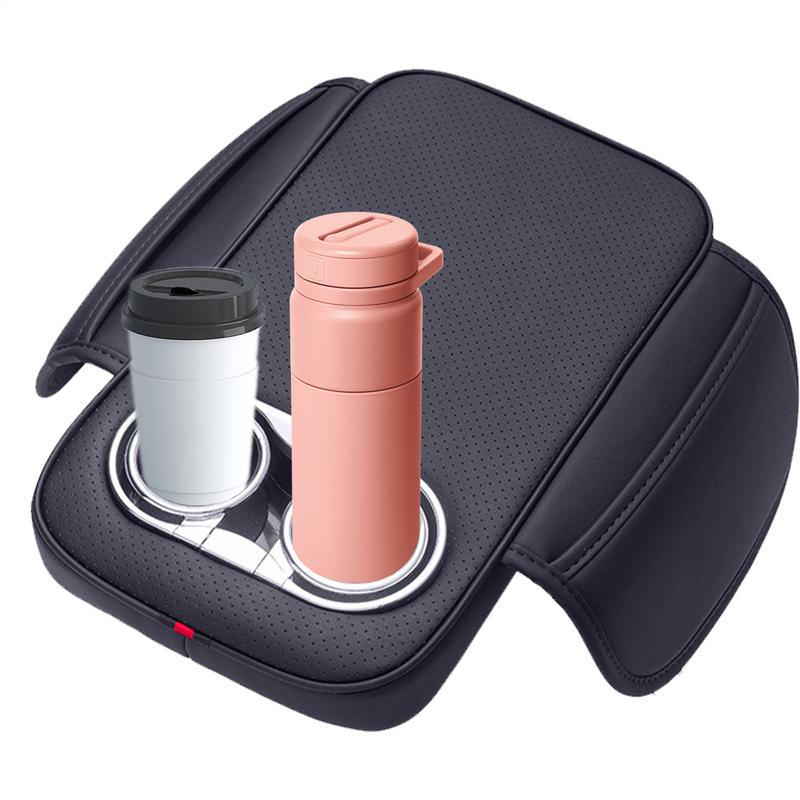 Polštář loketní opěrky středové konzoly automobilu se 2 držáky nápojů a boční kapsou PU kůže Auto Amrest Zvyšovací podložky Kryt loketní opěrky do auta