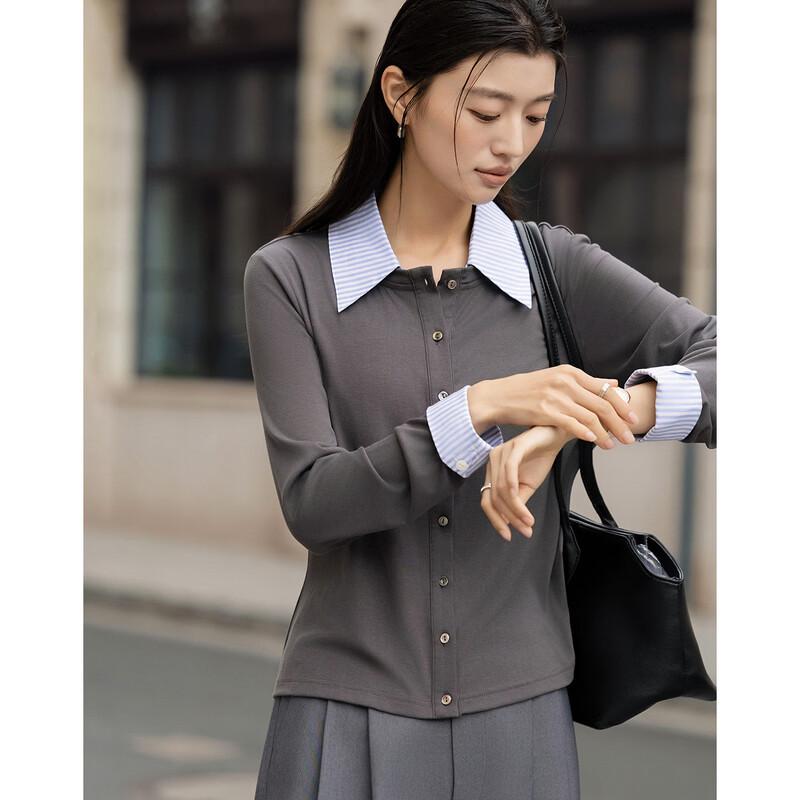 Women's Lyocell Blend Color Block Striped Lapel T-shirt