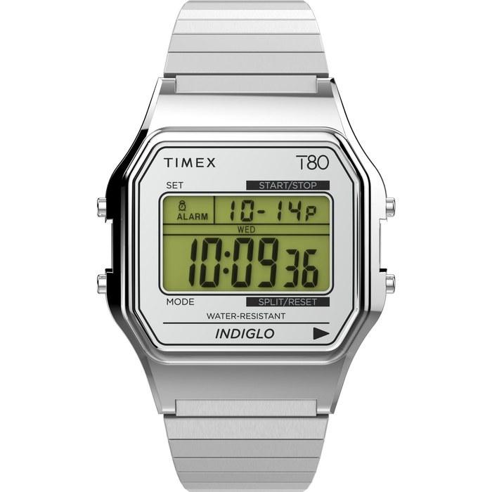 Timex T80 34mm Watch Stainless Steel Bracelet, Stainless Steel/Silver-Tone/Digital. Modern.