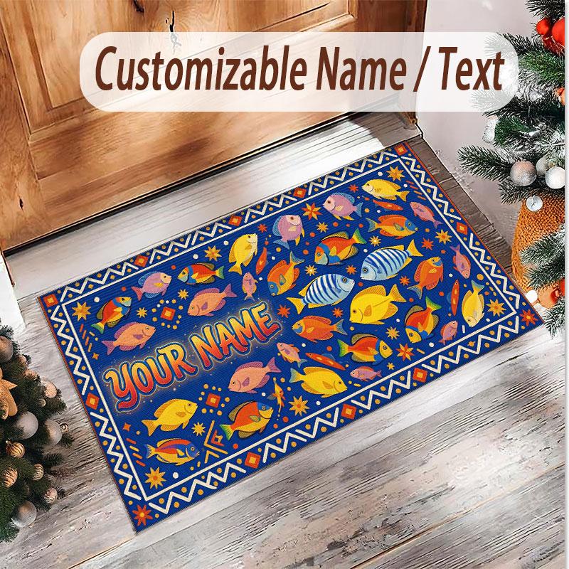 Fish Ocean Theme Soft Crystal Velvet Rug Custom Name & Text Print Non Slip Floor Rug for Bedroom Living Room