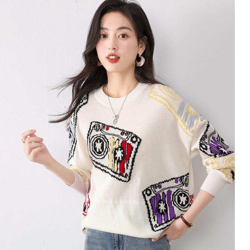 Mokaona Women's Stylish Loose-Fit Jacquard Wool Sweater