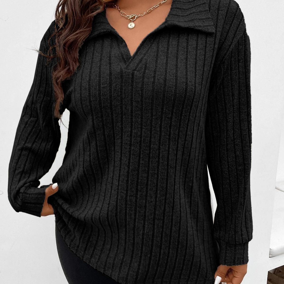 

Plus Size Women s V-Neck Ribbed T-Shirt - Soft Brushed Cotton Long Sleeve Blouse Relaxed Fit Casual Top XL