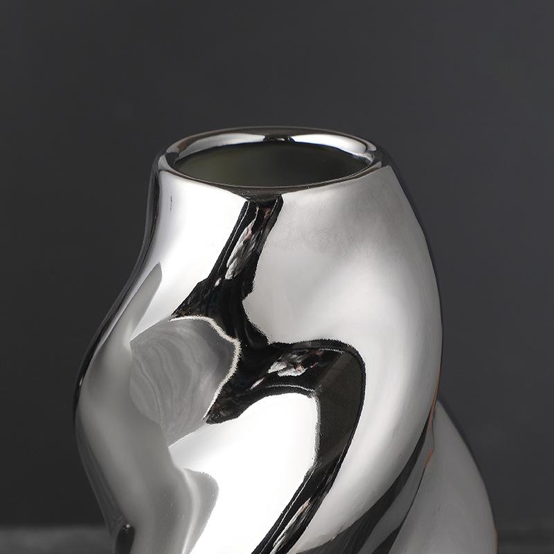 Simple Modern Irregular Ceramic Black and White Vase Luxury Desktop Home Art Silver Flower Flower Arrangement Home Decoration
