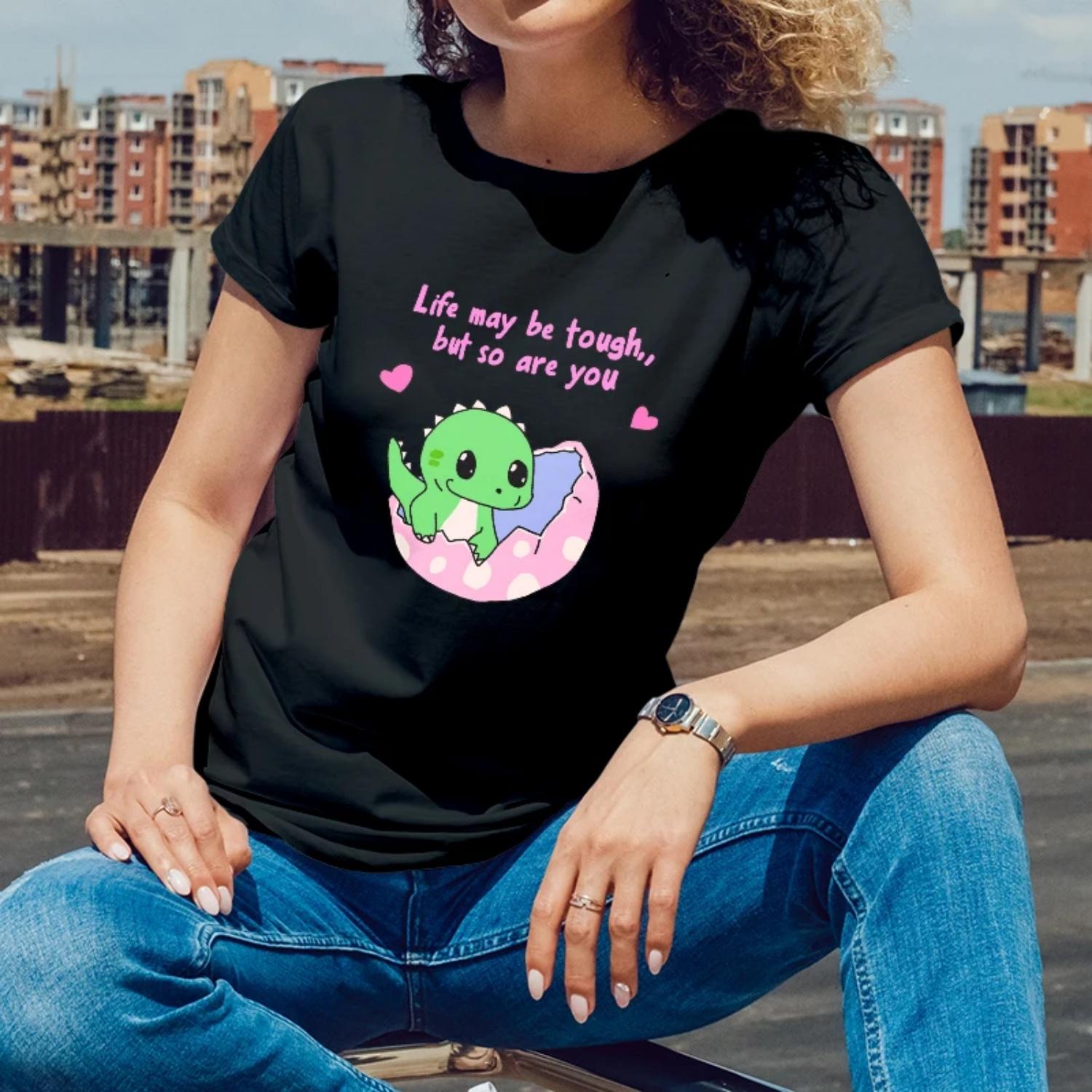 Dinosaur themed Inspirational Print for Summer Daily Wear Short Sleeve T Shirt for Women with a Motivational Style S