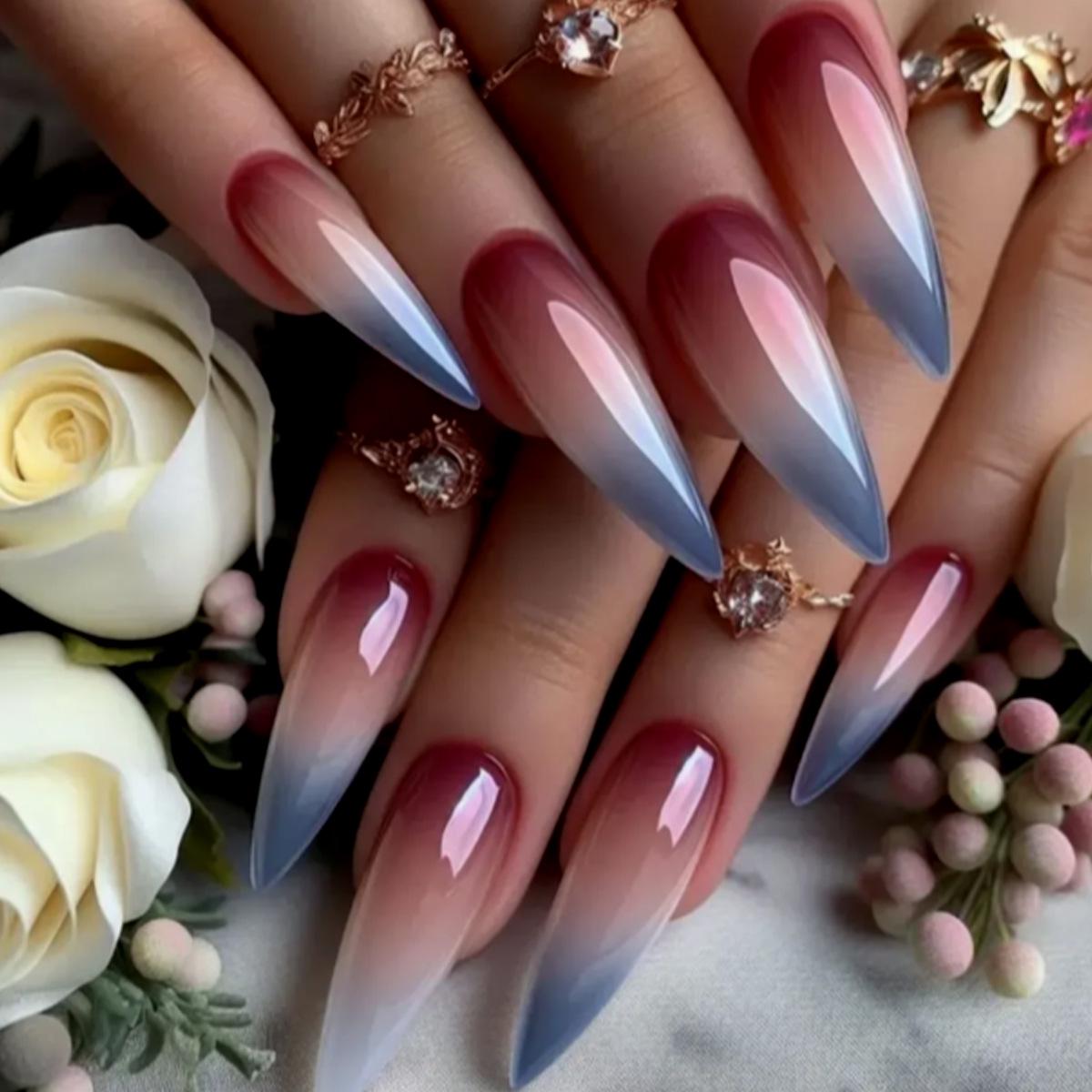 Gradient Color Long Stiletto Wearable False Nails - Detachable Manicure Set (24 Pieces)