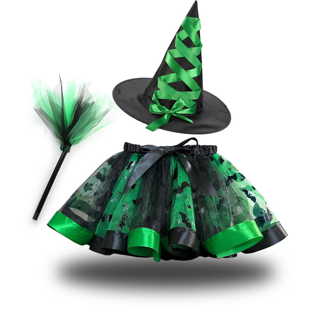 Girls' Halloween Tutu, Witch Hat & Broomstick Fluffy Skirt Set
