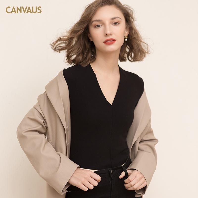 CANVAUS Koszula damska jesień/zima w nowym stylu z dekoltem w serek, długimi rękawami, bawełną, cienkim aksamitem, jednolitym kolorem, dopasowana, prosta, w europejskim stylu