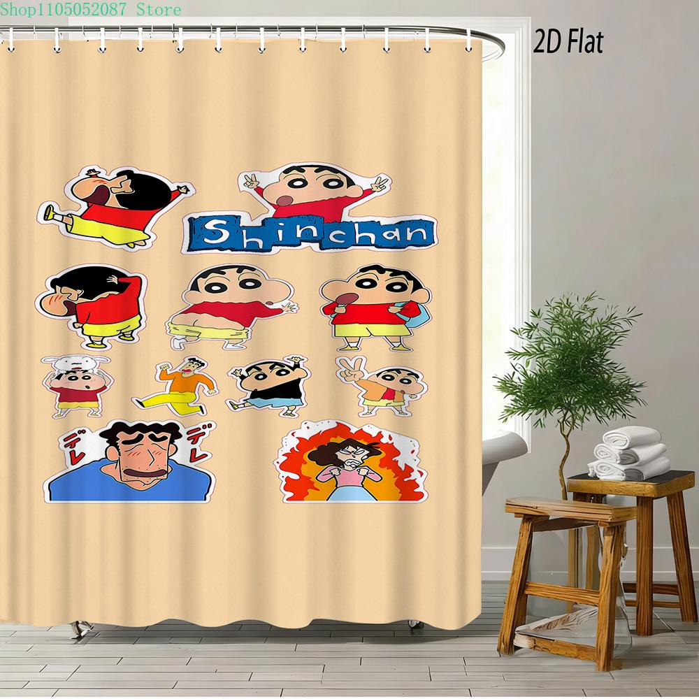 Crayon Shin-Chan & Shiro & Himawari Photo Collage Scene 2D Print Waterproof Shower Curtain, Warm Yellow Checkered With Star Acce