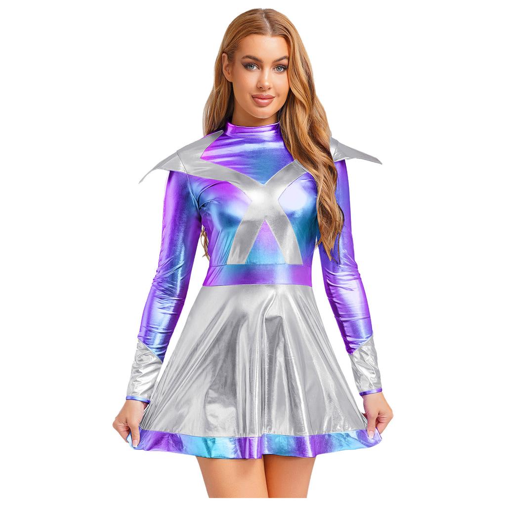 Damen Alien Astronaut Cosplay Kleid Langarm Klappe Kontrastfarbe Metallic Glänzend A-Linie Weltraumkrieger Kleid