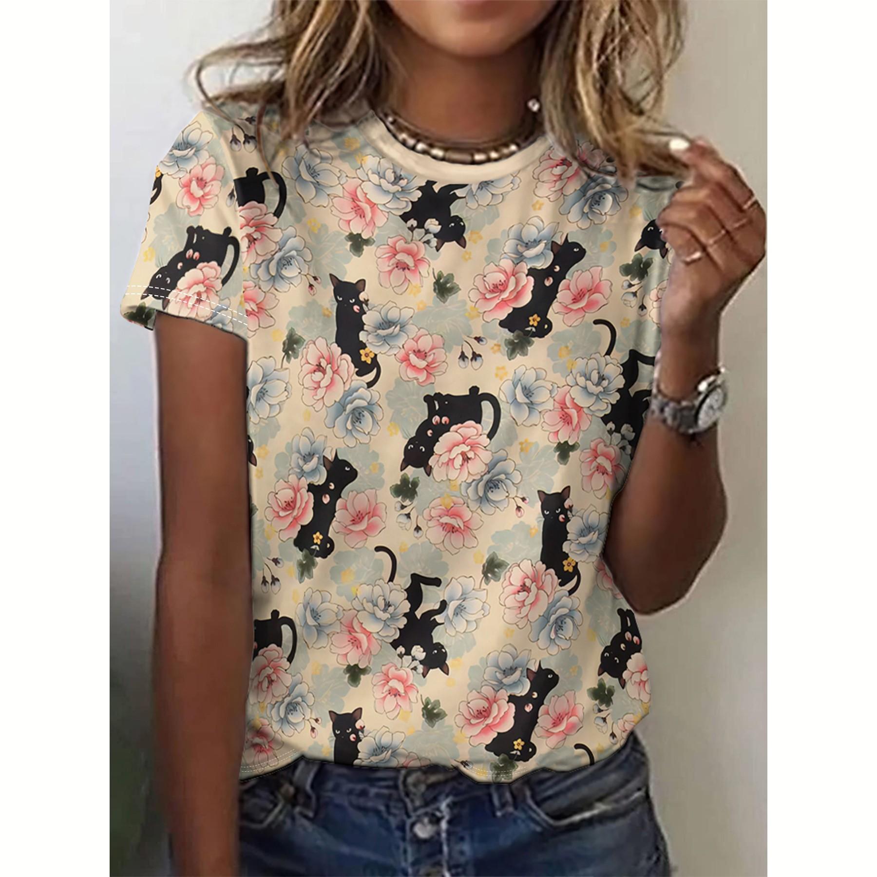 

Милые женские футболки с изображением животных и мультяшных кошек, футболка с 3D-принтом, повседневная футболка с коротким рукавом и круглым вырезом, женская одежда больших размеров 3XL