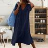 Women Casual Long Cotton V Neck Solid Color Simple Style Baggy Dress 1Pc
