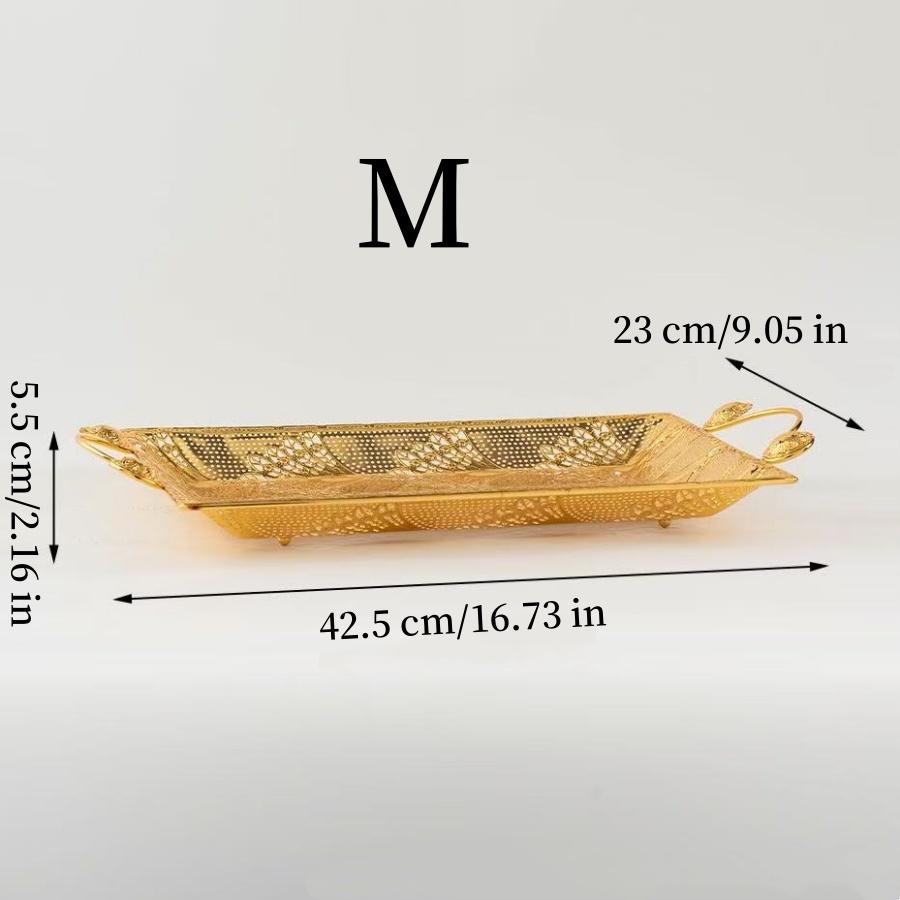 European Cake Tray,Household Metal Rectangle Hollowed-Out Shape Golden Handle Fruit Plate,Snack Plate Party Decoration,18 inch