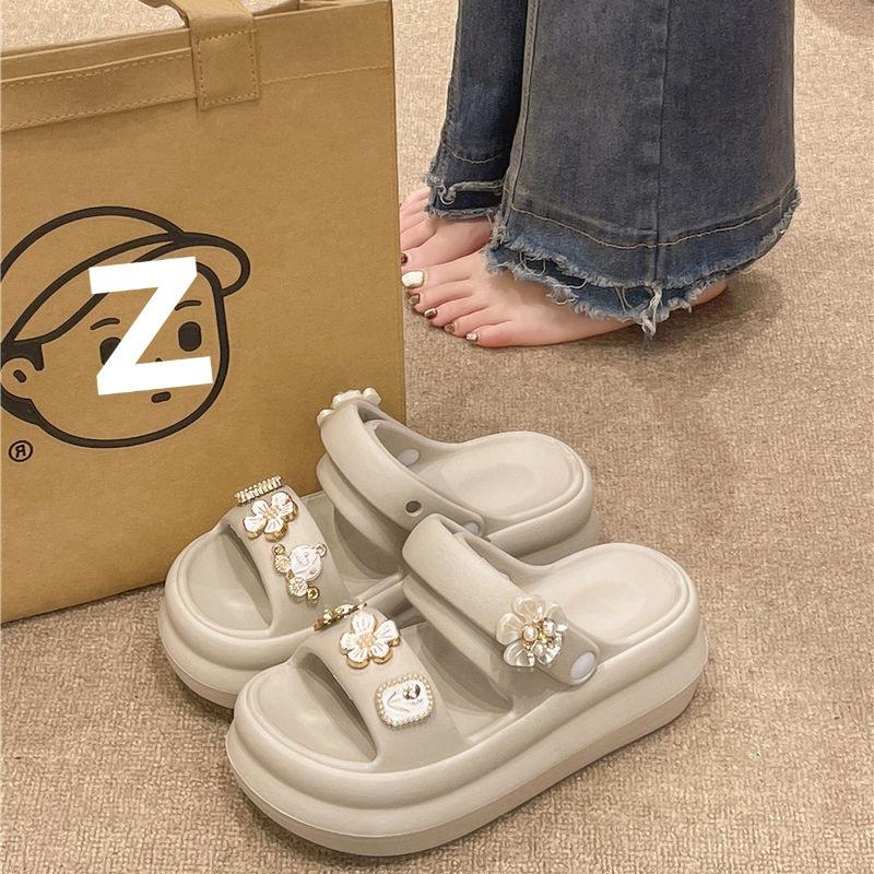 High-heeled sandals women's summer fashion outer wear cute flower pearl platform two wear beach non-slip cool slippers