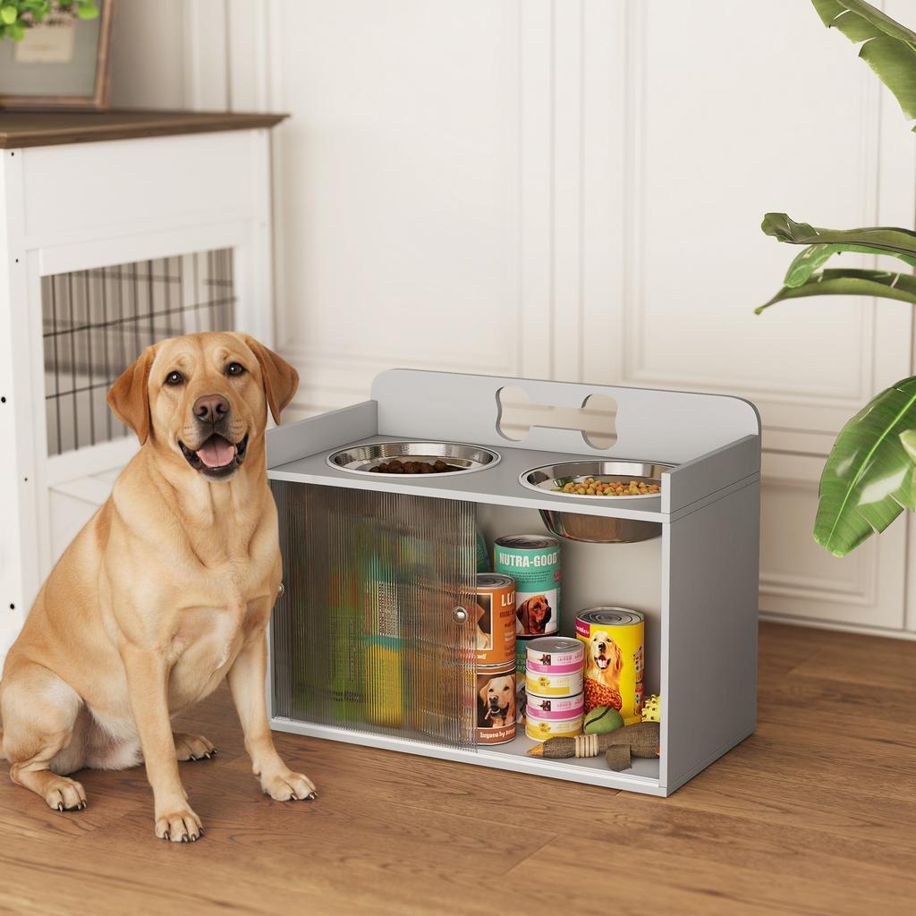 Erhöhte Futterstation mit 2 Näpfen und Schrank, MDF, Edelstahl, Knochenmuster, Grau
