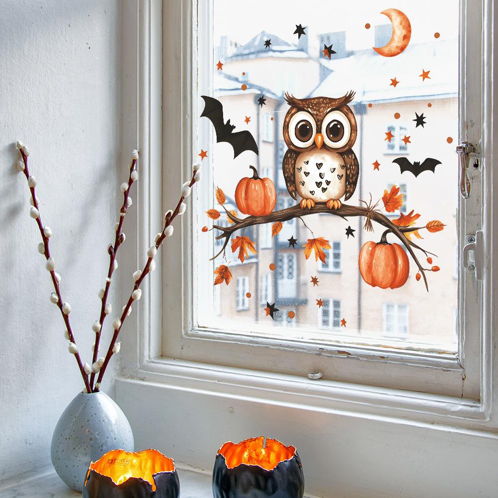 New Creative Owl Pumpkin Maple Leaf Static Window Stickers Store Home Decoration Double Sided Visual Stickers Removable