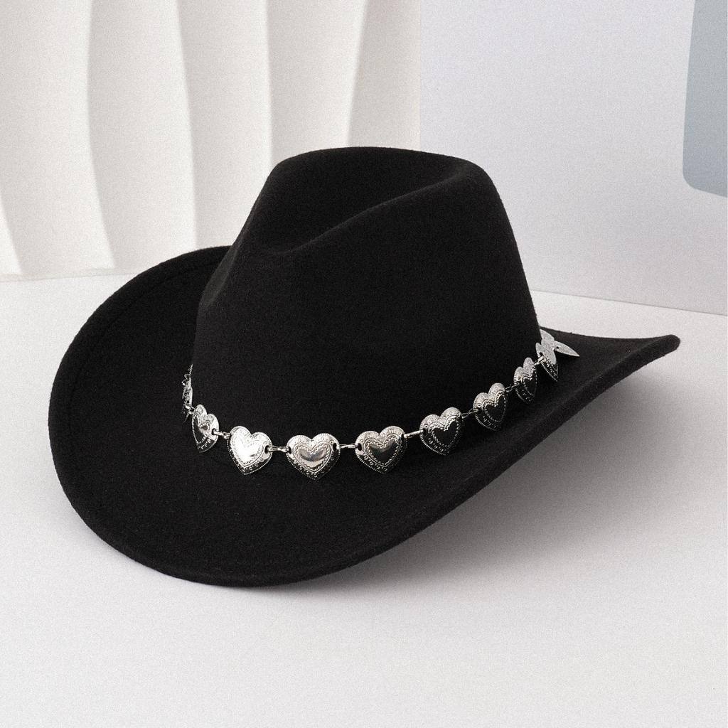 European and American hollow metal oversized love chain hat chain hip hop punk cowboy hat top hat retro felt hat
