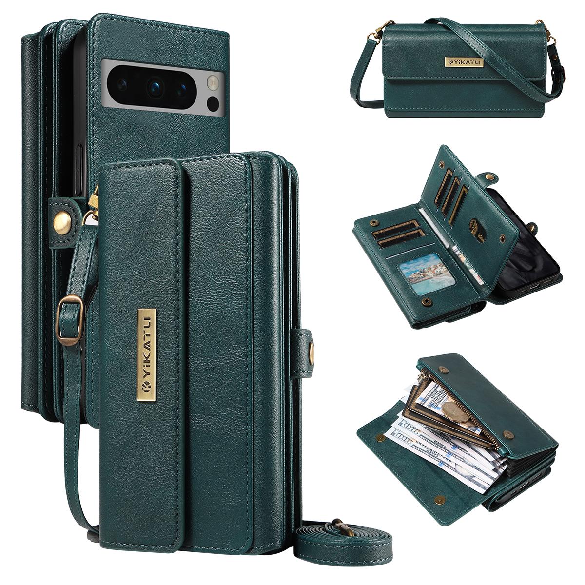 

For Google Pixel 8 Pro Case YIKATU YK-008 Zipper Wallet Leather Phone Cover with Shoulder Strap Green