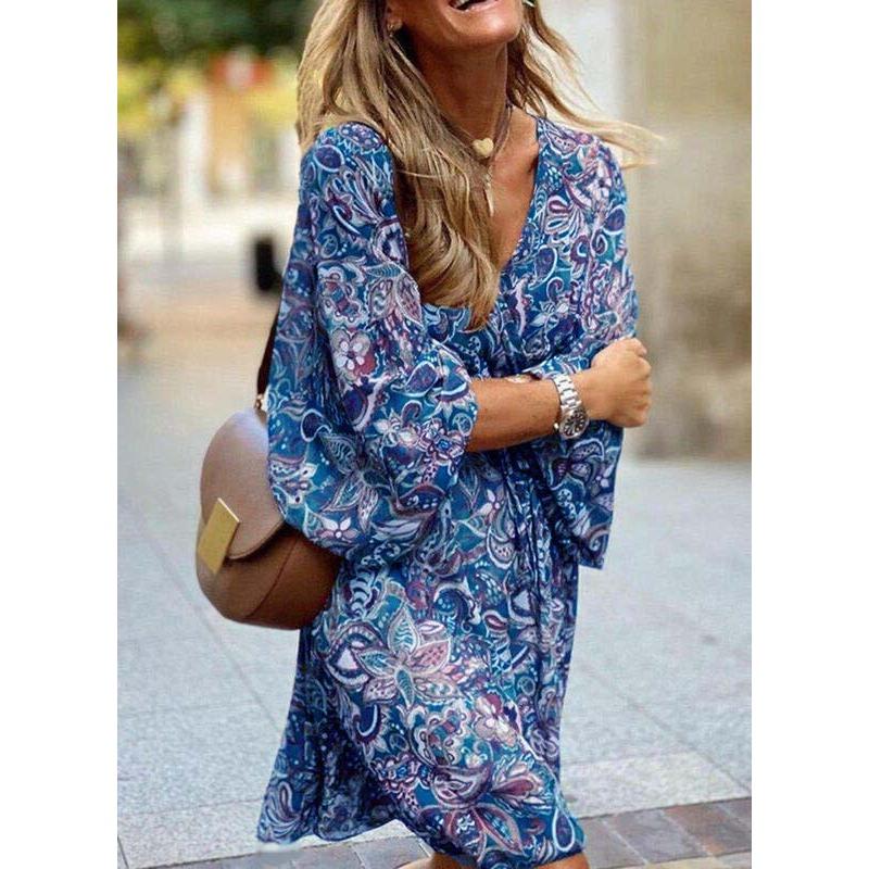 Summer Mid-waist Pullover Midi Skirt Short-sleeved Printed Loose Dresses