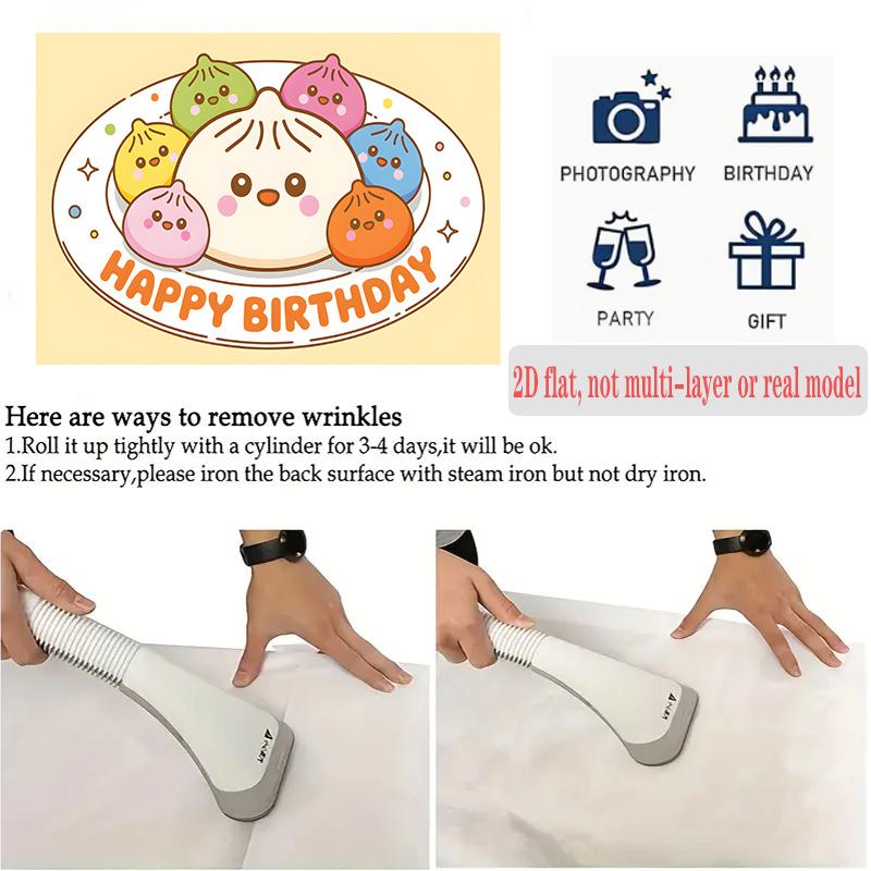 Steamed Bun Birthday Backdrop, Adorable Cartoon Baozi Wall Decor for Party