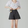Women's High Waist Denim Shorts - Summer Thin Style, Double Button, Patchwork, Rolled Hem, A-line Wide Leg, Loose Fit, Slimming Hot Pants