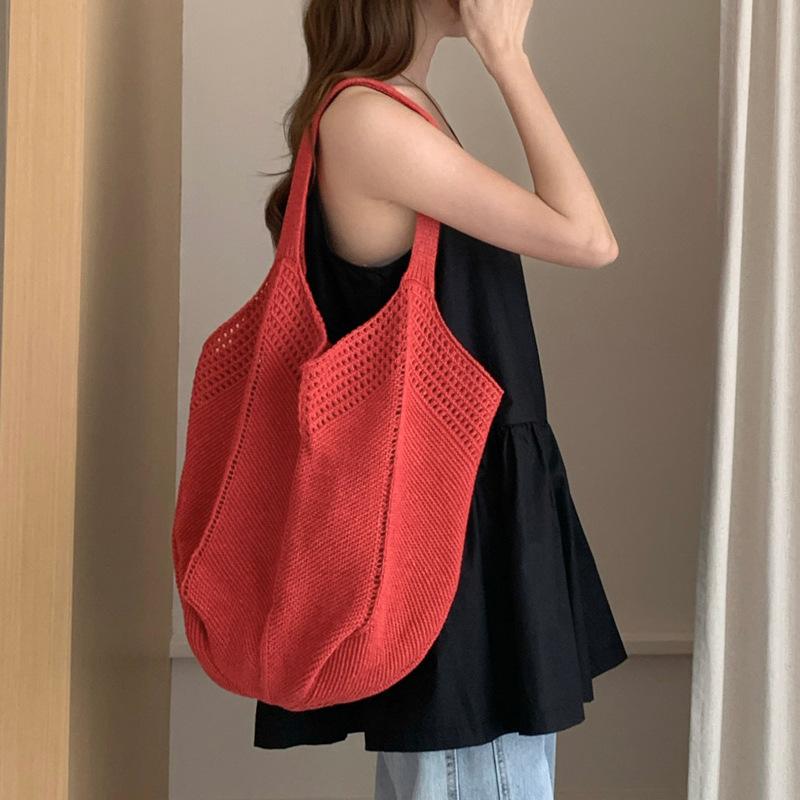 Vintage Red Polyester Knit Tote Bag for Women Hollow Out Shoulder Crossbody Purse
