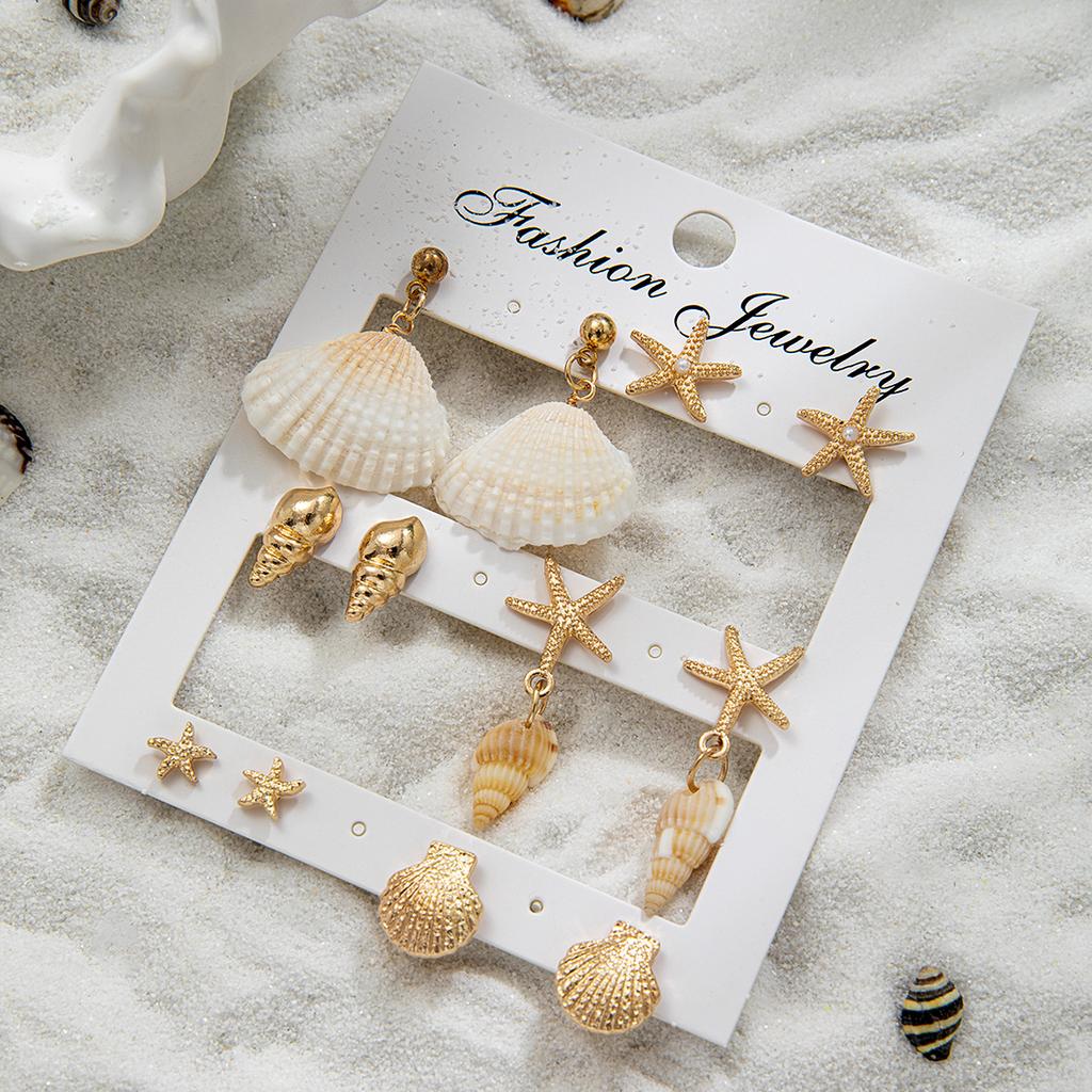 6 Pairs of Women's Ocean Style Shell & Starfish Earring Set, Summer Vacation Style Natural Conch Earrings