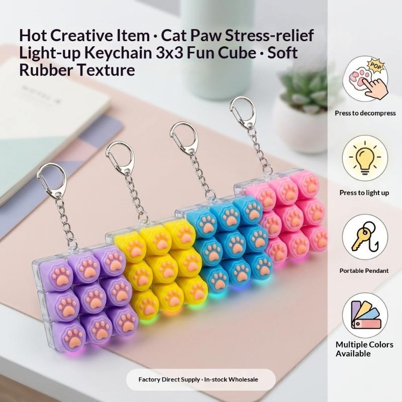 Cute Cat Paw Mini Keyboard Keychain RGB LED Light Stress Relief Backpack Pendant for Valentine's Day Gifts