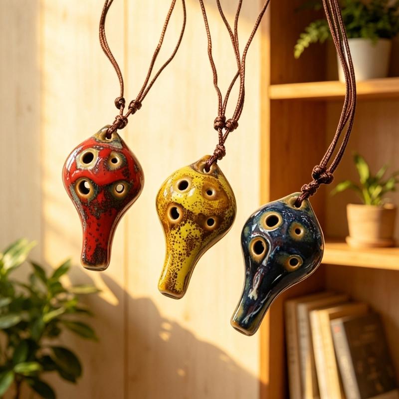 Practical Beginner Ceramic Ocarina 6 Hole Pendant Instrument with Cord for Students, Classroom Study and Regular Practice Use