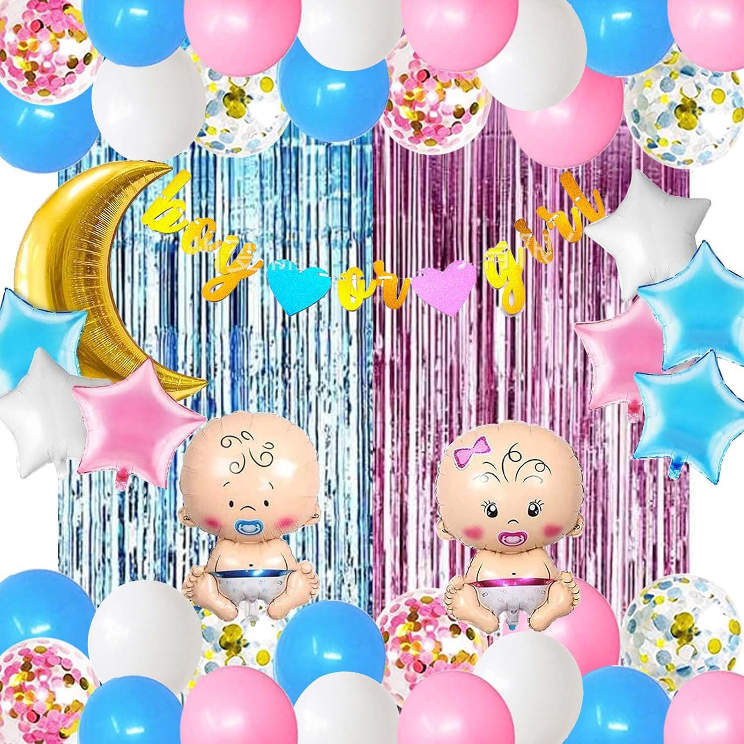 

Gender Disclosure Pack Pink And Blue Balloons Wreath Set Moon And Stars Aluminum Foil Confetti Balloons Boys and Girls Flag Set