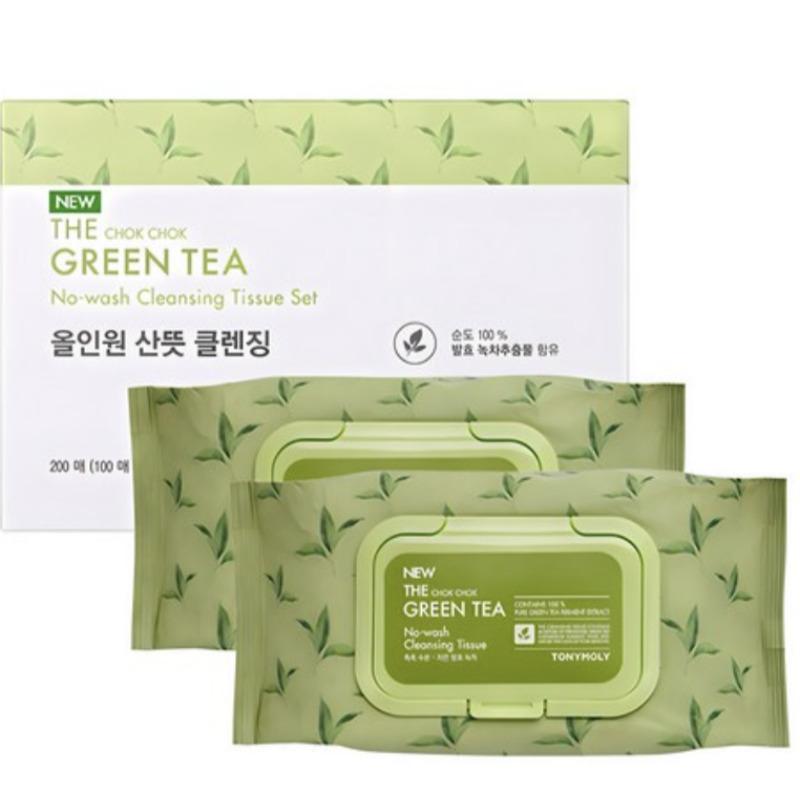 Tonymoly The Chok Chok Green Tea No-Wash Cleansing Tissues Set – 100 Sheets × 2 Packs